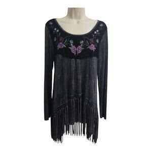 Womens Acid Wash Fringe Tunic Mini Dress Rose Embroidery Long Sleeve Festival M